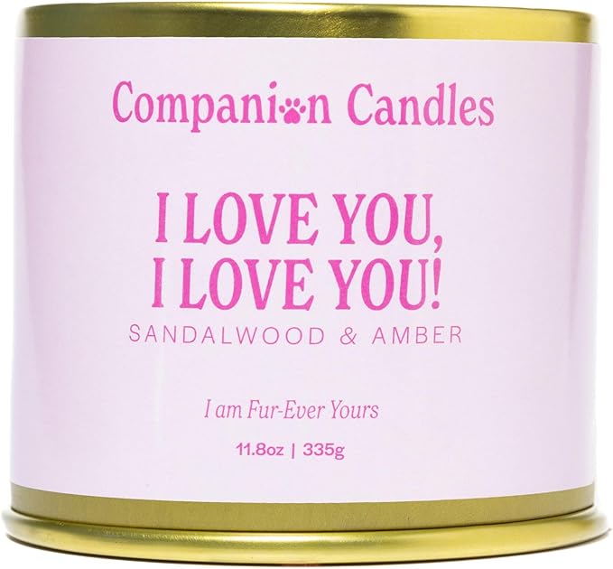 Companion Candles Pet Safe Wood Wick Candle - “I Love You, I Love You!” Sandalwood & Amber, Coconut Soy Wax Scented, Over 50 Hr Burn Time, Non-Toxic, Women-Owned, Made in USA (11.8 oz.)