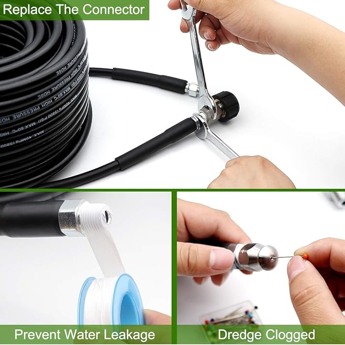 150FT Sewer Jetter Kit for Pressure Washer, 5800PSI Drain Cleaner Hose 1/4 Inch NPT, Corner, Rotating and Button Nose Sewer Jetting Nozzle Waterproof Tape Pearl Corsage Pin with 2Pcs Spanner