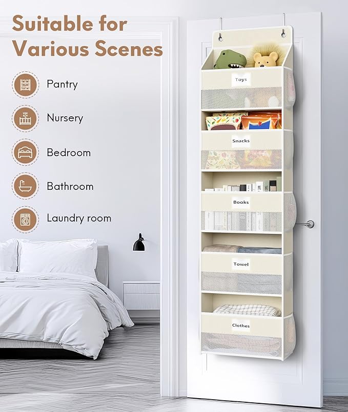 Optish Over The Door Organizer Hanging, 5 Shelf Behind The Doors Storage, Pantry Door Organizer, Closet Organizers for Bedroom and Nursery (Beige)