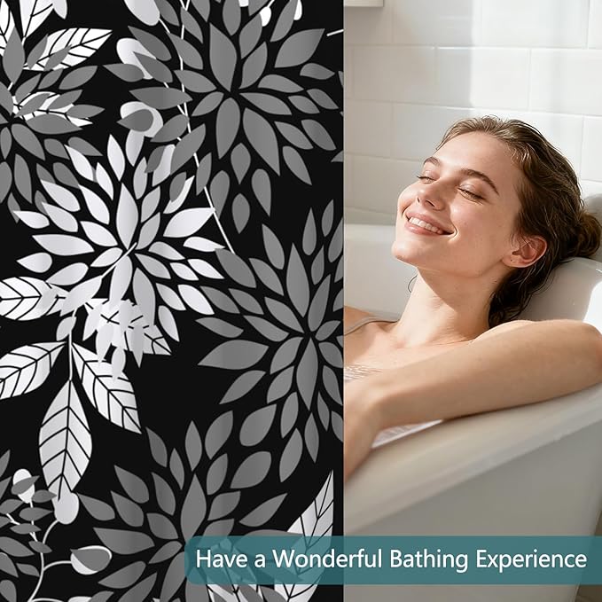 TQUQOBU Black and White Leaves No Hook Shower Curtain and Liner Set, Hotel Luxury Double Layers Waterproof Fabric Shower Curtain, Modern Vintage Boho Botanical Bathroom Curtains, 71x74 Inch