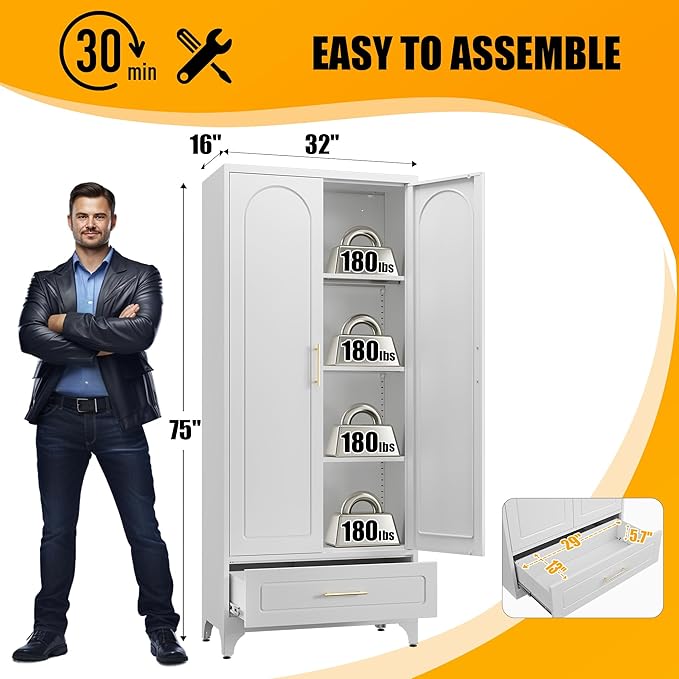Metal Storage Cabinet with Doors and Shelves, 75" Tall Kitchen Pantry Storage Cabinets with Drawer, White Pantry Cabinet, Steel Office Cabinets, Large Cupboard - Assembly Required