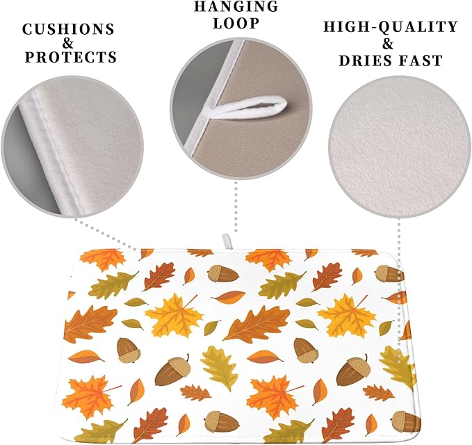 Kwlegh Fall Leaves Dish Drainer Mat - Absorbent Drying Mat for Counter - 18x24 Inch, Orange Maple Leaf Pattern