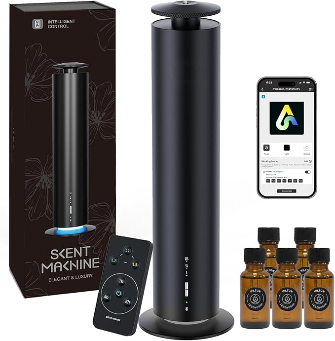 Waterless Essential Oil Diffuser, Long Lasting Aromatherapy Scent Diffuser for Home with Light Mode, 1000 Sq. Ft Coverage Quiet Oil Diffusers for Bedroom, Office, Included 5 Scent Oils(3.3OZ), Black