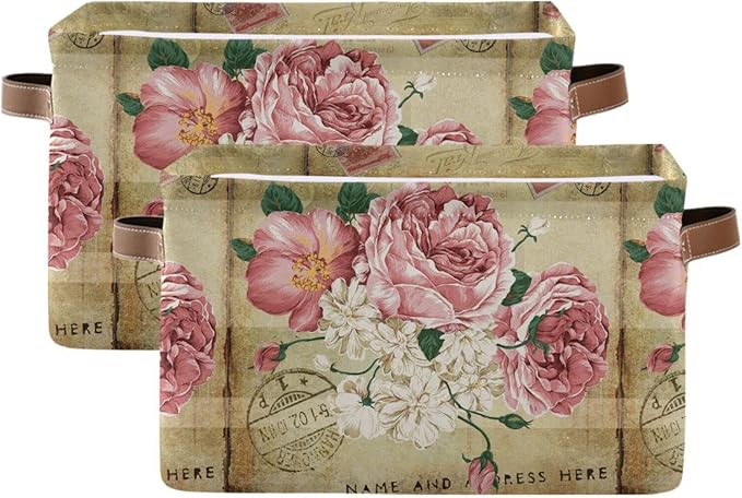 ALAZA Vintage Shabby Chic Rose Floral Foldable Storage Box Storage Basket Organizer Bins with Handles for Shelf Closet Living Room Bedroom Home Office 2 Pack