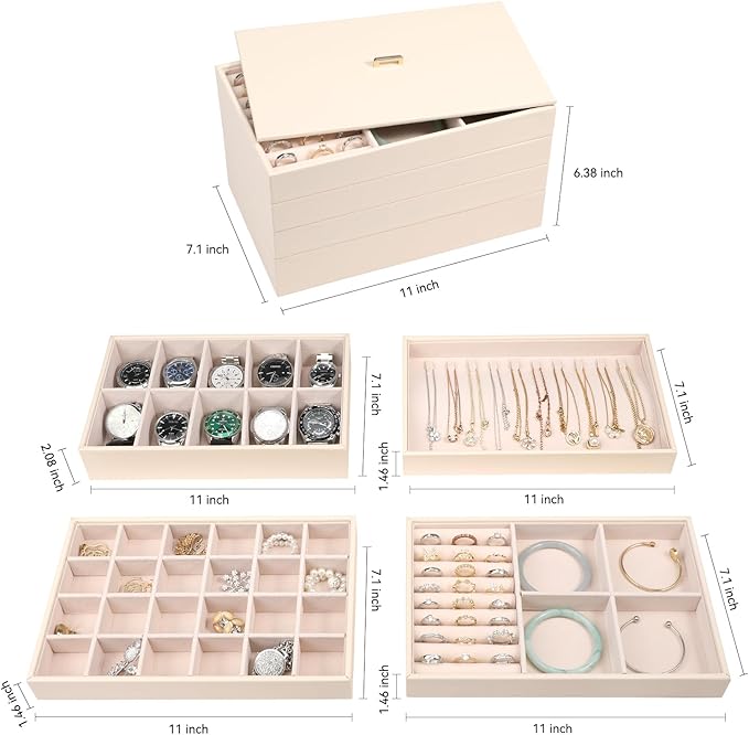 Voova Stackable Jewelry Organizer Tray with Lid, PU Leather Jewelry Storage Holder for Drawer Inserts, Jewellery Display Box Case for Earring Necklace Ring Watch Bracelet (Set of 4, Apricot)