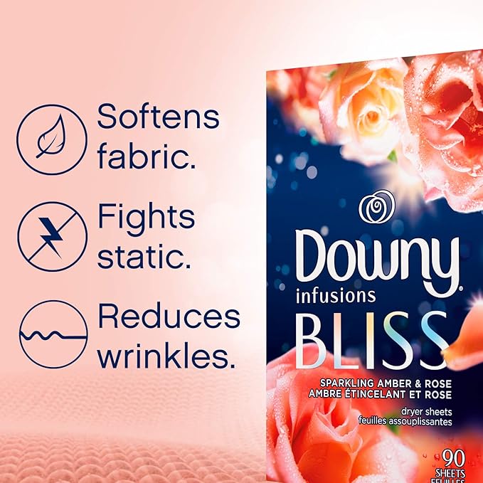 Downy Infusions Mega Dryer Sheets, Laundry Fabric Softener, BLISS, Amber and Rose, 130 Count