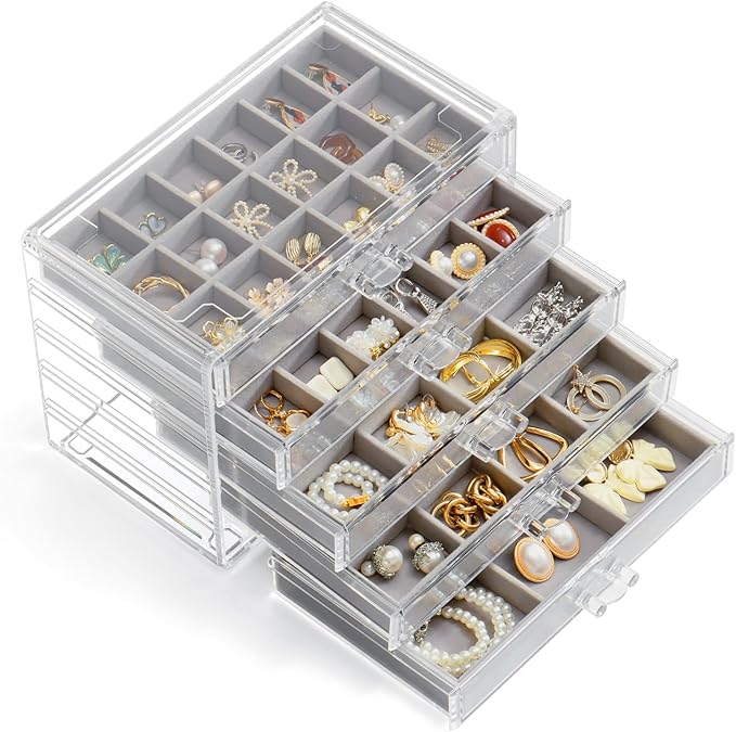 Jewelry Organizer with 5 Drawers Clear Acrylic Earring Display Case Velvet Jewelry Storage Box Display Holder for Earring Ring Bracelet Necklace (Gray, 66 Grids)