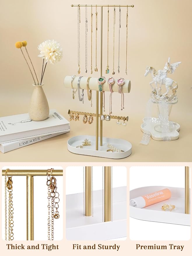 Jenseits 2-Tier Gold Jewelry Organizer Stand with Ring Holder & Tray – Elegant Jewelry Holder Display for Necklaces, Bracelets, Earrings, Rings, and Watches – Perfect Storage Rack & Gift for Women