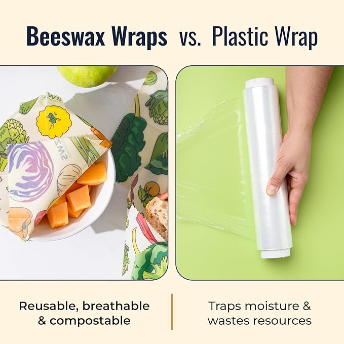 ZWS Essentials Beeswax Wraps, Reusable Cotton Food Storage Set for Kitchen, Lunch, Bread, Snacks, Bowls. Eco-Friendly Plastic-Free Alternative. 3-Pack Assorted - Veggies by Zero Waste Store
