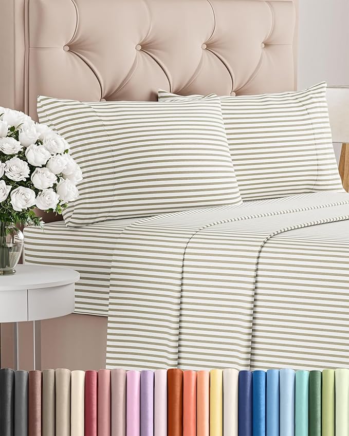 Twin XL 4 Piece Sheet Set - Comfy Breathable & Cooling - Soft Hotel Luxury Bedding Set w/ 8-16 Inch Deep Pockets - 1 Flat & 1 Fitted Sheet & 2 Pillowcases - Wrinkle Free & Easy Care - Beige Stripes 2