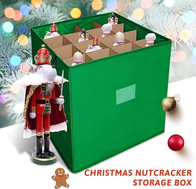 Christmas Nutcracker and Figurine Collectible Storage Box, Fits 16 Holiday Ornaments, Stores Up to 16" Tall Ornaments, Holiday Decor Organizer with Dividers, Nutcracker not Included(Green)