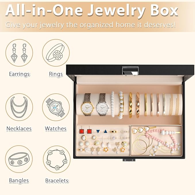 Jewelry Organizer Box with Clear Glass Lid, Bracelet Holder Jewelry Storage Case for Earrings, Rings, Bangles, Watches - PU Leather Jewelry Display Box Gifts for Women Girls, Black