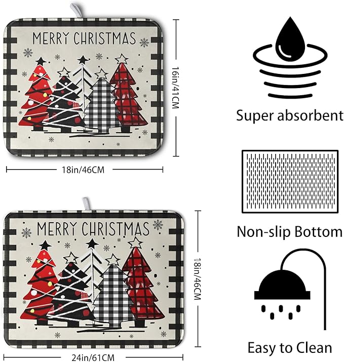 Kwlegh Christmas Trees Kitchen Dish Drying Mat 18x24 Inch Merry Christmas Black White Buffalo Plaid Dish Drainer Mat Absorbent Reversible Microfibe Drying Dish Pad for Winter Kitchen Counter Decor