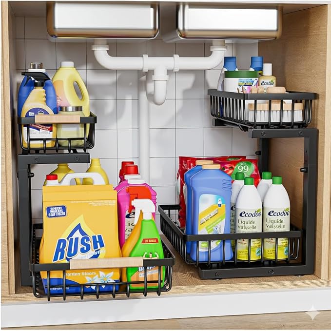 ENRUNEST Under Sink Organizer,2 Pack Under Kitchen Sink Organizer,2 Tier Sliding-Out,5 Level Height Adjustable,Thickened Carbon Steel,Anti-rust Treatment,For Kitchen Bathroom Black