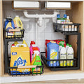 ENRUNEST Under Sink Organizer,2 Pack Under Kitchen Sink Organizer,2 Tier Sliding-Out,5 Level Height Adjustable,Thickened Carbon Steel,Anti-rust Treatment,For Kitchen Bathroom Black
