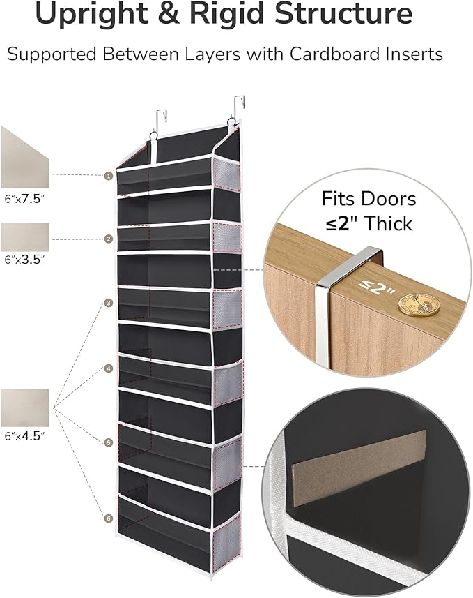 ULG 2Pack-Over The Door Organizer with 6 Large Pockets 12 Side Pockets, 50lbs Weight Capacity Door Hanging Organizer Black