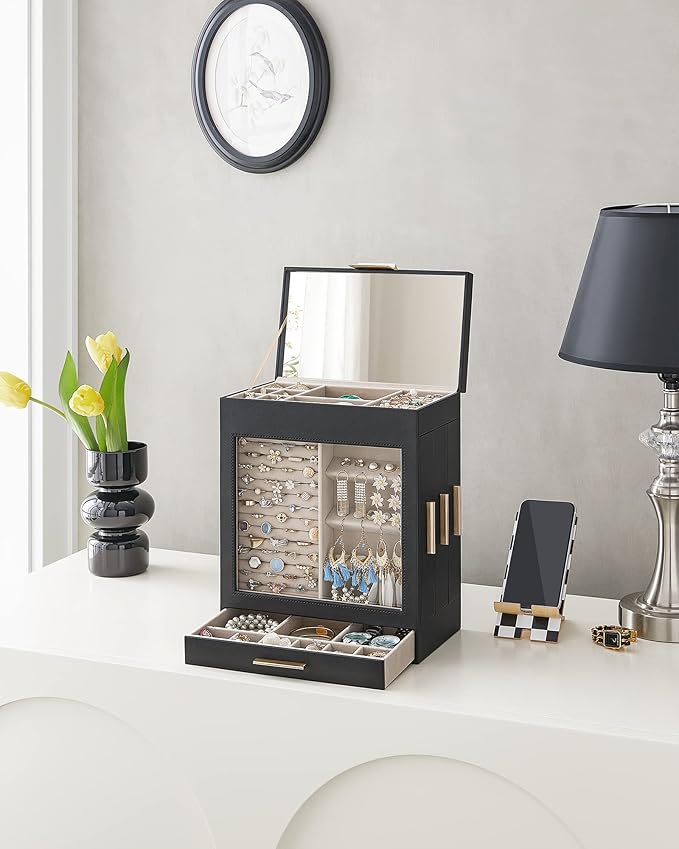 SONGMICS Jewelry Box with Glass Window, 5-Layer Jewelry Organizer with 3 Side Drawers, Jewelry Storage, with Big Mirror, Modern, 6.1 x 10.3 x 12.6 Inches, Ink Black and Metallic Gold UJBC162B02