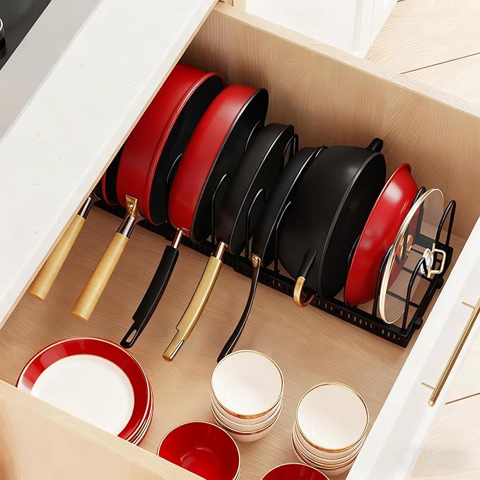 HuuDraLono Pot and Pan Organizer Rack for Under-Cabinet Storage - Adjustable Kitchen Cabinet Organizer with 13 Dividers, Expandable Cutting Board Holder & 6 Non-Slip Silicone Pads-Black