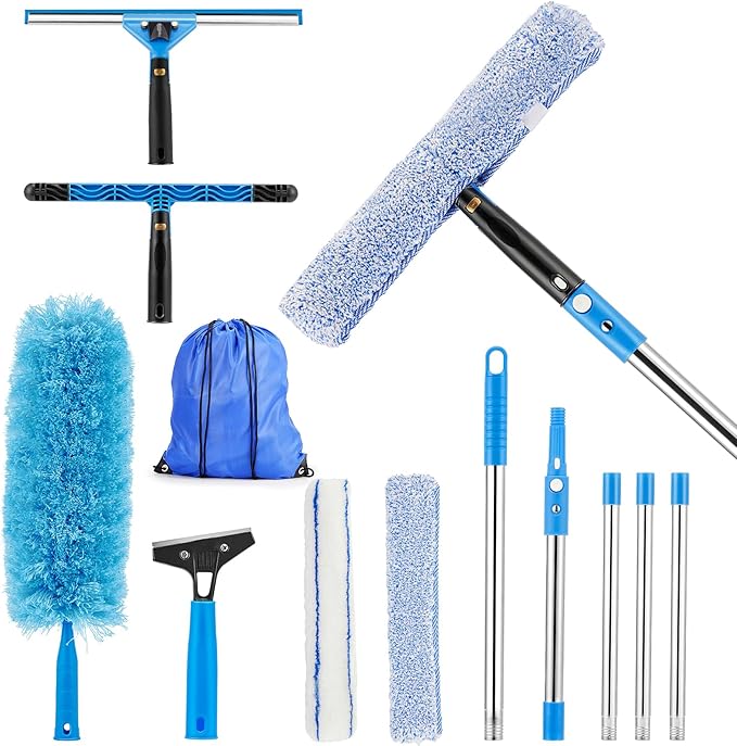 Feeloco 75'' Window Squeegee Cleaner Tool, Professional Window Cleaning Kit for Glass with 360° Rotation & Extension Pole- Glass Cleaner Tool with Scrubber for Windows,Glass,Bathroom,Shower