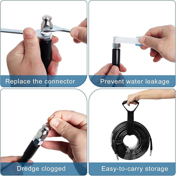 Zejoot 200FT Sewer Jetter Kit for Pressure Washer, 5800PSI Drain Cleaner Hose 1/4 Inch NPT Corner with 4 Sewer Jetting Nozzles，Waterproof Tape，Pearl Corsage Pin，Handle Strap & 2 Spanners (Black)