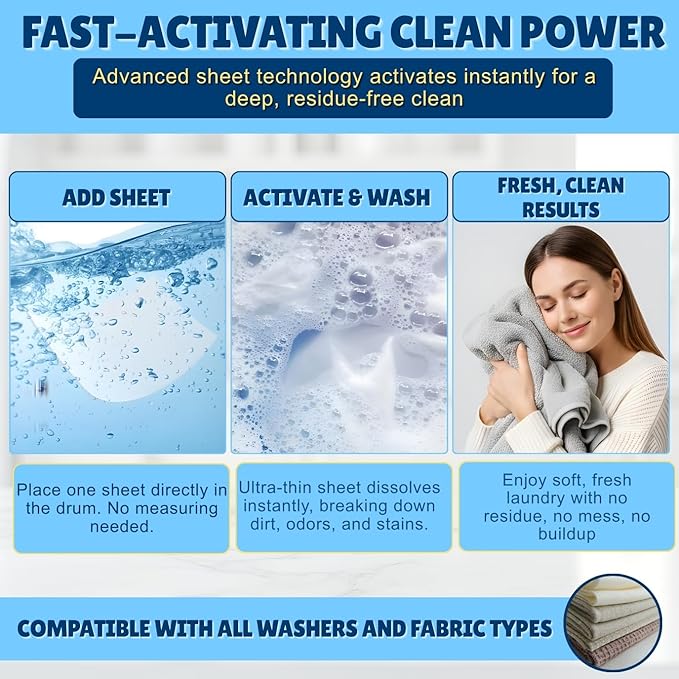 Eco-Friendly Laundry Detergent Sheets, 200 Loads (100 Sheets) Fresh Scent, Compact travel laundry sheets, Plastic-Free detergent sheet, Concentrated Laundry Solution for Hot & Cold Cycle