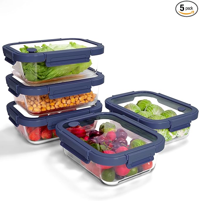 BOROHOUSE 5-Pack Borosilicate Glass Containers with Tempered Lids, 35.2oz/4.4 Cup Airtight Meal Prep Set, Microwave/Freezer Safe (Blue)