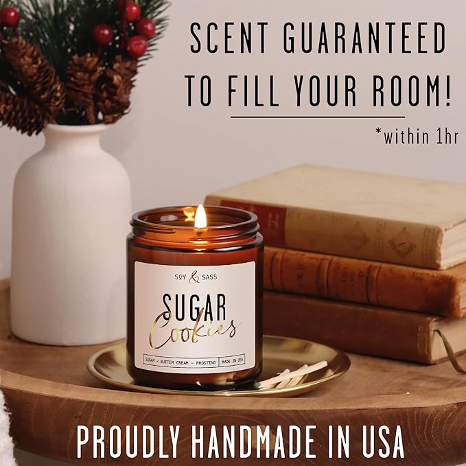 Sugar Cookie Candle, Cookie Candle – ‘Sugar Cookies’ Soy Candles, w/Sugar, Butter & Vanilla - Infused with Essential Oils I Christmas Candles I 9oz, 50 Hour Burn, Handmade in USA