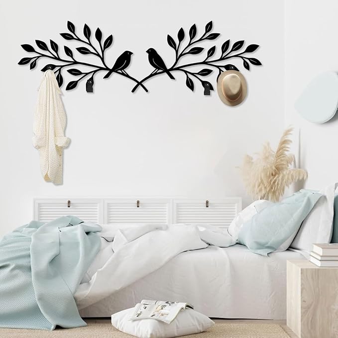 Bay Leaf Metal Coat Rack, Tree Branch and Birds Coat Rack, Bay Leaf Wall Hanging, Boho Wall Mount, Nature Room Decor, Home Storage Organization in Entryways (Silver, 14"x48"|36x121cm)
