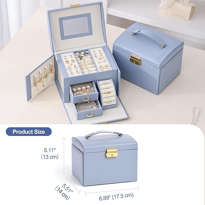 CASEGRACE Jewelry Box Organizer for Women Girls, Three Layer Jewelry Storage Box with Mirror PU Leather Jewelry Display Case for for Bracelets, Earrings, Rings, Necklaces,Blue