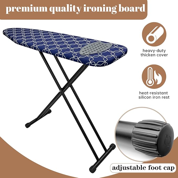 Deegureet Classic Ironing Board, Compact and Space Saver,Size 43 x 13 Ironing Board, Extra Wide Ironing Area with Extra Thick Heavy Duty Padded, Stable Structure,Easy to Fold Blue Geometry