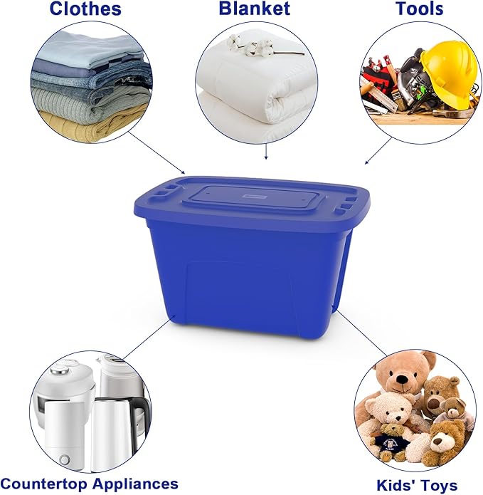 Storage Bins with Lids - Made in USA 18-Gallon (72-Quart) 4-Pack Storage Totes with Lids, Plastic Stackable Containers Large Storage Boxes for Home and Office Organization Blue/Blue