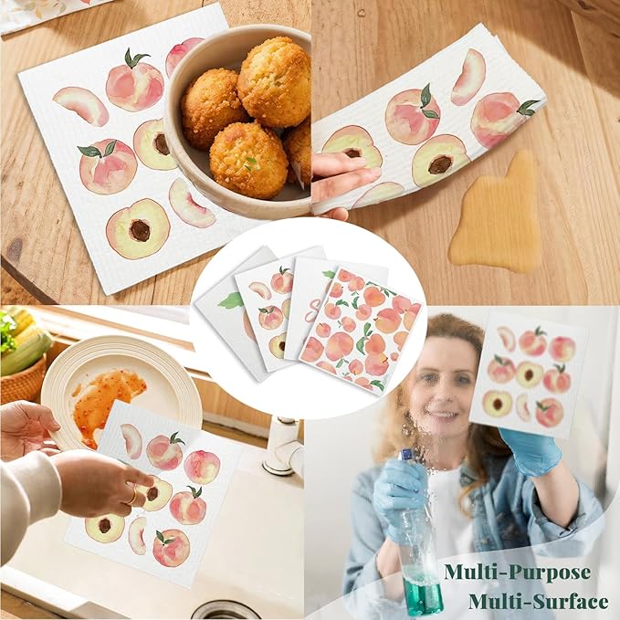 LARTSFRO Peach Swedish Dishcloths for Kitchen, Pink Peach Cute Swedish Dish Cloths for Friut, Papaya Reusable Paper Towels, 4 Pack Cleaning Cloth for Kitchen, Reusable Paper Towels Washable