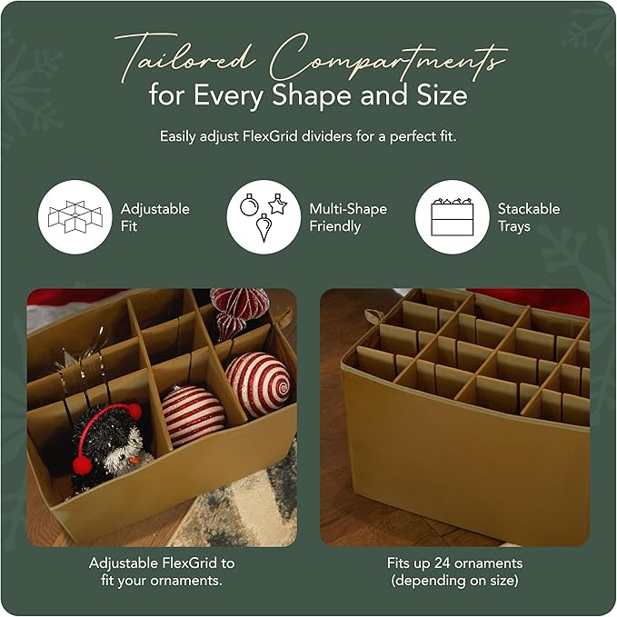 Covermates Keepsakes Adjustable Ornament Storage Box – Heavy-Duty Polyester, Padded Dividers & FlexGrid Trays – Protective Holiday Organizer with Stackable Walls & Label Window, Green Snowflake