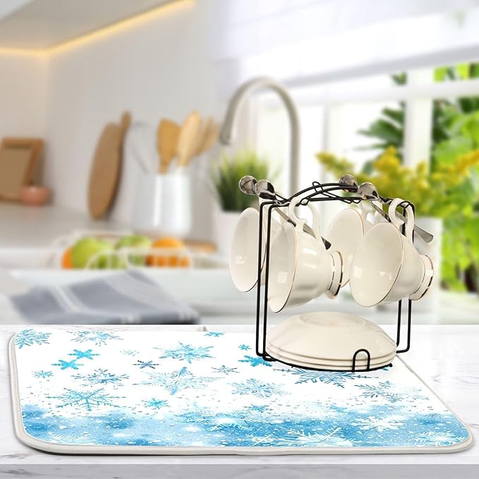Winter Snowflake Blue Dish Drying Mat for Kitchen Countertop 18x24 Christmas Snowman White Xmas Large Drying Mat Reusable Quick Dry Dish Sink Mats Easy Clean Decorative Essentials