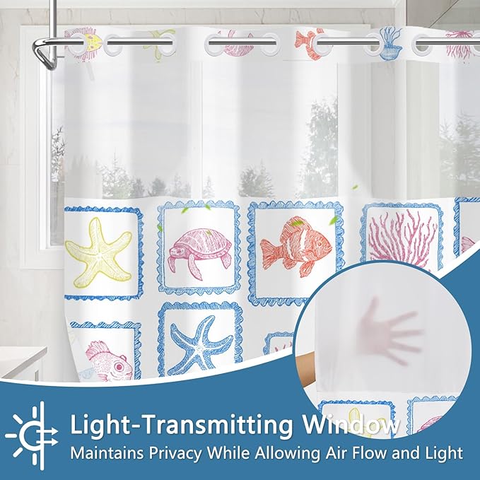 Double Layer Shower Curtains, No-Hook Cute Shower Curtain with Snap-in Weighted Shower Curtain Liner, Water Repellent & Quick-Dry Bath Tub Curtain, Cartoon Ocean Creature Stamp Pattern, 71"W x74"L