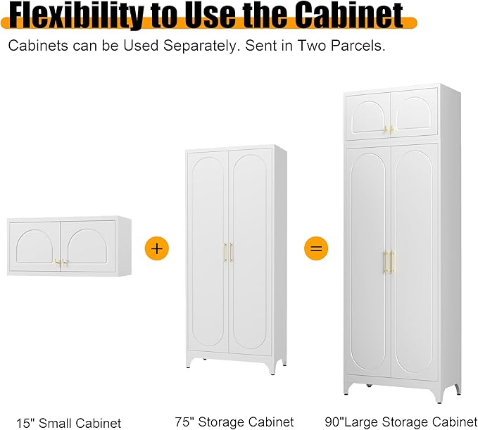 Metal Storage Cabinet with Doors, 90" Tall Kitchen Pantry Storage Cabinets with Adjustable Shelves, White Pantry Closet, Steel Large Cupboard, High Leveling Feet- Assembly Required