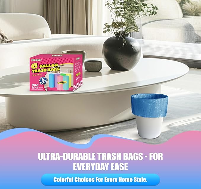 T.FORING 300 Count 6 Gallon Trash Bags - 22 Liter Colored Medium Garbage Bags Unscented 0.94 Mil Thick & Leakproof Wastebasket Liners for Kitchen Bathroom Home