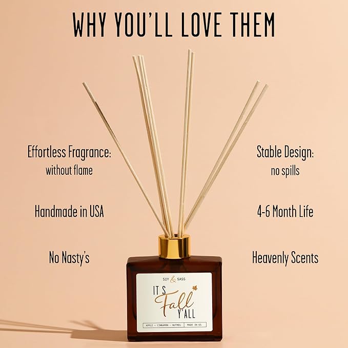 Fall Reed Diffusers for Home Set, Fall Diffuser -It's Fall Y'all! w/Apple, Cinnamon & Nutmeg I Infused w/Essential Oils I Fall Smells for House I 5.75 OZ Oil Scent Lasts 4-6 Month's, Made in The USA