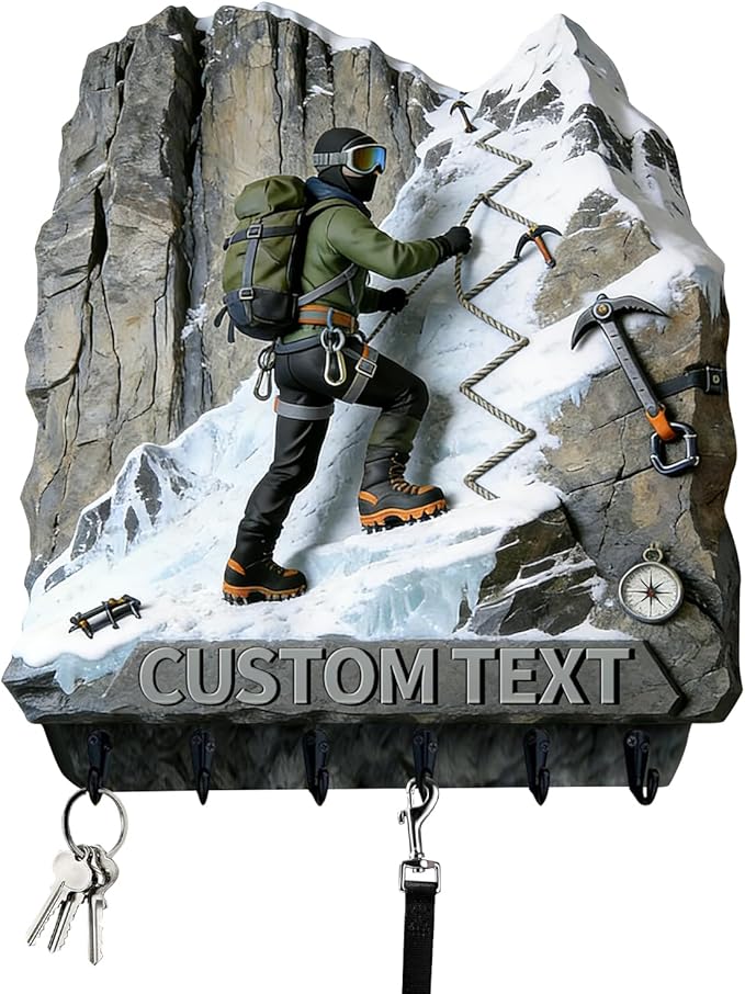 Custom 2D Flat Print Mountaineer Themed Wall Hooks for Mountaineering Enthusiasts Men Women Personalized Name Mountain Theme Key Holder Mountain Theme Key Rack for Living Room Hallway Office Bedroom