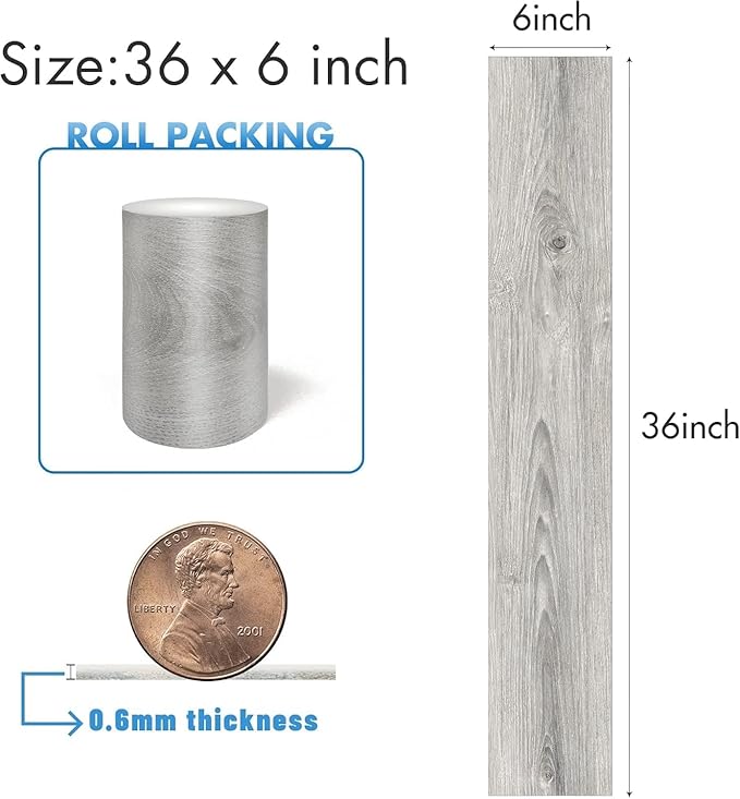 Lareko 6 Sq.Ft,Wood Peel and Stick Floor Tiles,4 Pack Grey Vinyl Flooring (No Adhesive Residue) 36"×6" Waterproof and Non-Slip Laminate Flooring for Renters Bathroom, Living Room(Smoke Grey)