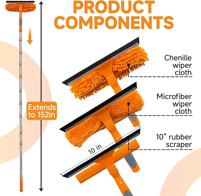LILISPAI 152" Squeegee Window Cleaner 2 in 1 Rotatable Window Cleaning Tool Kit with Extension Pole, Window Washing Equipment with Bendable Head for Indoor/Outdoor Window and Car Glass