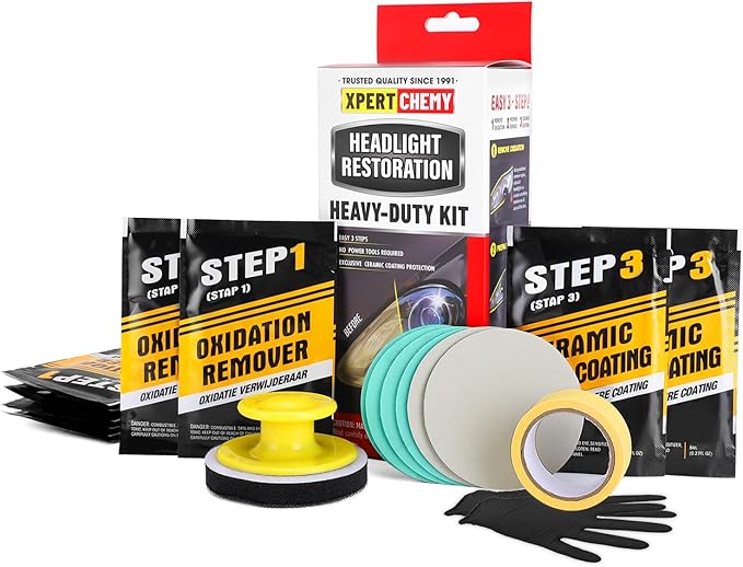 XPERTCHEMY Headlight Restoration Kit-Headlight Cleaner Removing The Heavy-Duty Yellowing, Clouding and Stains, Even Buffs Out Unsightly Hairline Scratches,No Power Tools Needed