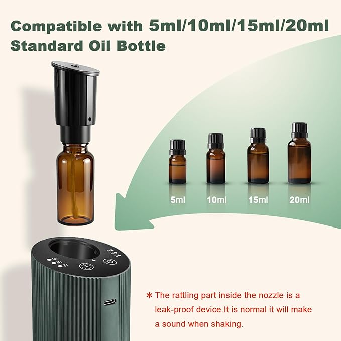 Waterless Essential Oil Diffuser Starter Kit with 3 x 20mL Essential Oil, Rechargeable Scent Diffuser for Home Car Bathroom, 3 Mist & 4 Timer, Portable Small Aromatherapy Diffuser Machine, DarkGreen