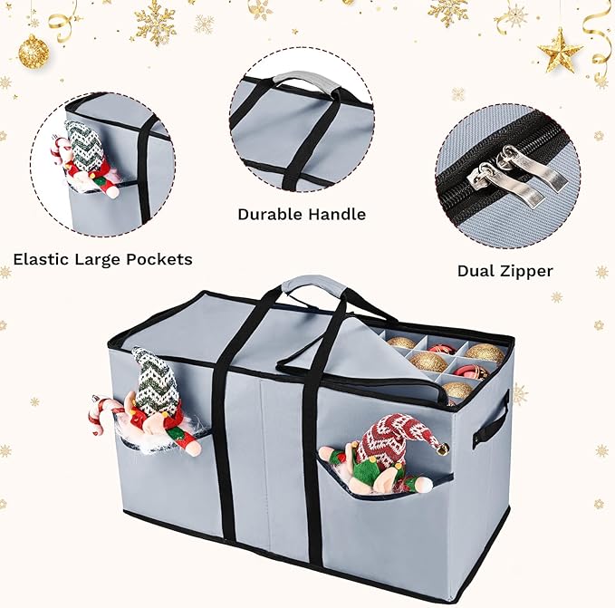 Christmas Ornament Storage Box, Ornament Storage Organizer Fits 128 of 3 inch Ornament Balls, 8 Removable Tray Ornaments Storage Containers with Dividers to Store Xmas Holiday Decor(Grey)