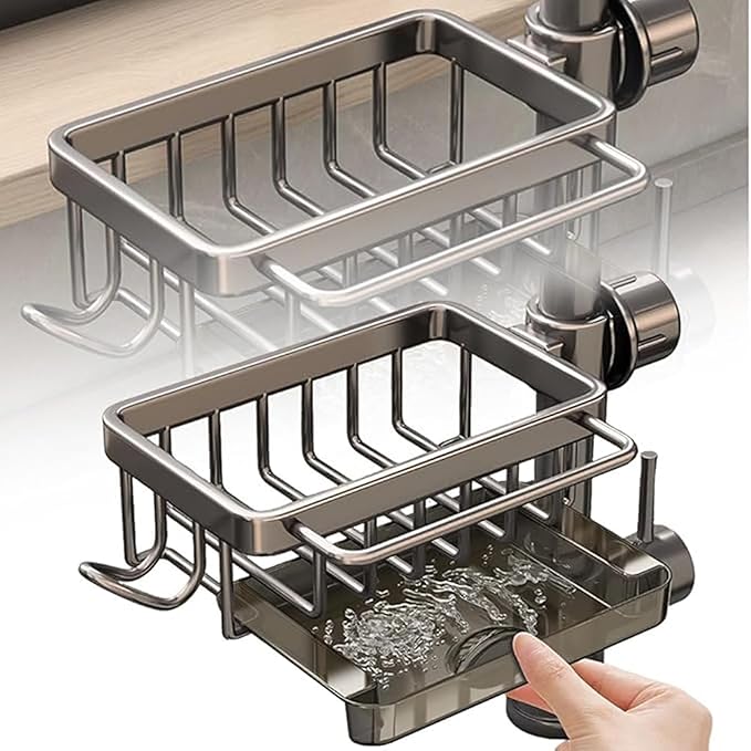 Kitchen Sink Faucet Organizer,Sponge Holder Caddy Rack Multifunction Shelf for Soap,Dish Accessories, Adjustable for 0.7-1.1 Inch Round Water Pipe (Left Grey)
