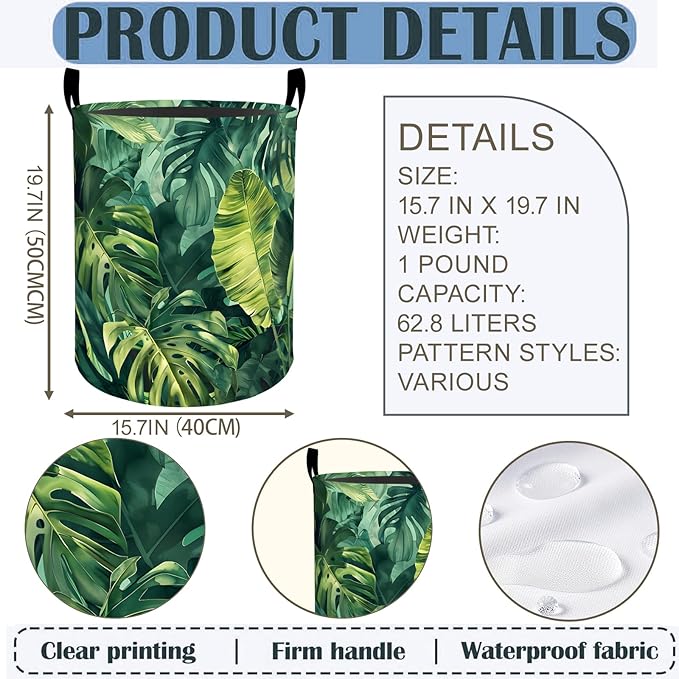Tropical Leaves Laundry Basket Hamper 19.7"x15.8", Plant Foldable Waterproof Oxford Clothes Storage Bucket for Room Bathroom Bedroom Nursery Decor, Toy Organizer Bins Gifts for Kids Boys Girls