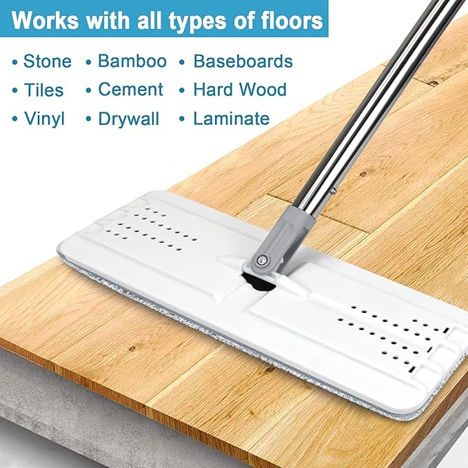 BOSHENG Mop and Bucket with Wringer Set, Hands Free Flat Floor Mop and Bucket, 3 Washable Microfiber Pads Included, Wet and Dry Use, Home Floor Cleaning System for All Floor Types and Windows