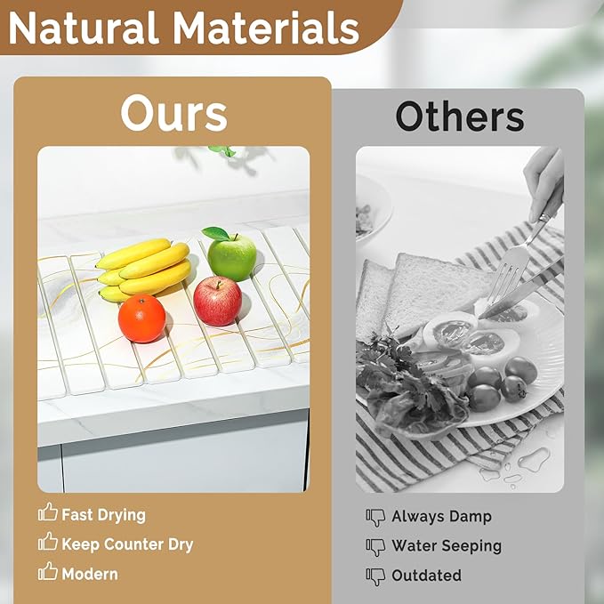 Large Stone Dish Drying Mat for Kitchen Counter, 2PCS 24"×16" & 8“x4" Quick Dry Stone Dishes Mats, Marbled Water Absorbing Diatomaceous Earth Drying Pad for Countertop Bottles Utensils Cups,White Gold