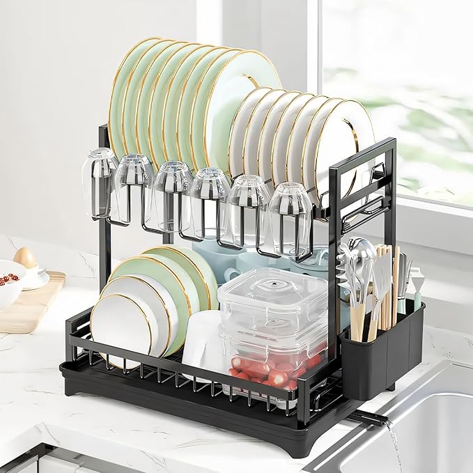 Stelive 2-Tier Dish Drying Rack for Kitchen Counter, Dish Drainer Dish/Cup/Cutlery Holder Dish Drainer Rack 2 Tier Dish Racks with Utensils Holder, Drainboard & 360° Telescopic Drain Pipe (Black)