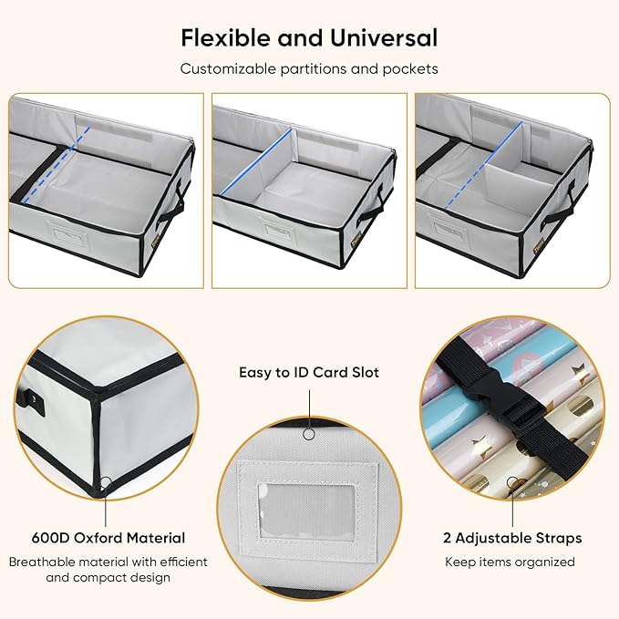 BALEINE Wrapping Paper Storage Organizer, 40" Durable 600D Oxford Fabric Gift Wrap Storage Bag with Flexible Partitions for Ribbon, Holiday Accessories (Gray)